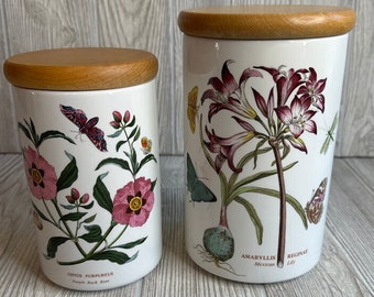 Vintage Portmeirion Botanic Garden Storage Jar/Canister Set Wooden Lid 7in. Purple Rock Rose 8in. Mexican Lily Various Plants & Insects