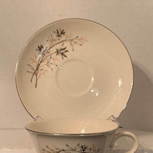 Vintage Taylor Smith Taylor (TS&T) Candlelight Flat Cup and Saucer Set, Aqua, Tan and Gray Leaves, Platinum Trim, Versatile Ovenproof, MCM