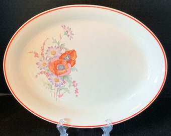 Vintage Sears Poppy 11" Oval Serving Platter, Orange & Blue Floral, Oven Proof, Poppy Replacement, 1940's Sears Retro China, Mid Century