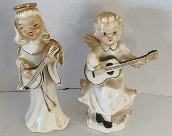 占領下の日本で作られた、楽器を演奏するヴィンテージの天使2体セット 