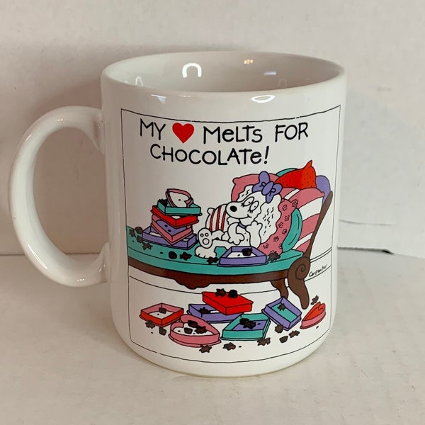 Vintage "My Heart Melts for Chocolate" Coffee Tea Mug, Valentine's Day Gift, Chocolate Lover, White Dog on Chaise Lounge Eating Chocolates