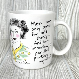 Taza de felicitación vintage de la década de 1980 con forma de caja de zapatos de Hallmark que dice &quot;Los hombres solo sirven para una cosa... ¿Y qué importancia tiene aparcar en paralelo?&quot;