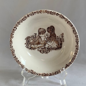 Vintage Alfred Meakin Mea85 Cereal Bowl, Brown Transferware Boy & Girl Center Floral Edge, Retro China, England, Vintage MCM Decor, Country