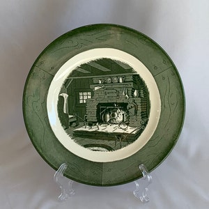 Vintage 1950&#39;s Royal (USA) Colonial Homestead Green Luncheon Plate Green Home Scene Green Rim, Colonial Homestead Replacement, Farmhouse MCM