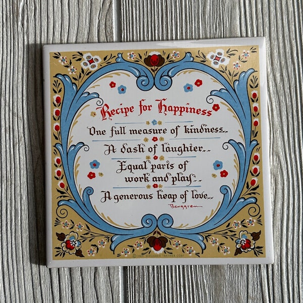 Vintage 1964 Berggren Trayner Recipe for Happiness Trivet Tile, Scandinavian Style Kitchen Wall Decor, MCM Berggren Swedish Trivet Tile