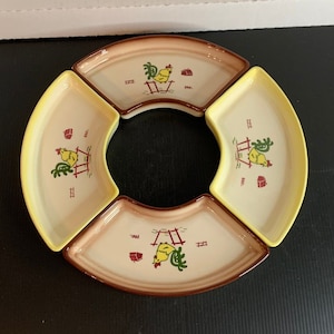 Vintage Brock of California Pottery Ceramic Relish Trays Set of 2, Harvest Farmhouse Chicken Rooster Folk Art, MCM Serving Dish, 1950&#39;s, USA