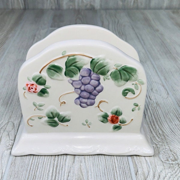 Vintage Pfaltzgraff Grapevine Napkin Holder Stoneware Purple Grapes Pink Flowers Embossed Grapevine Replacement Country Cottage Lakehouse