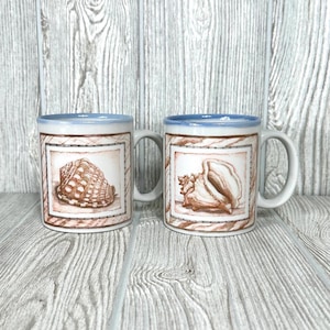 Vintage Otagiri Seashell Coffee Mugs, Signed, Set of 2, Blue Rim, Coastal Kitchen Decor, Beach House Mug, Hostess Gift, Collectable
