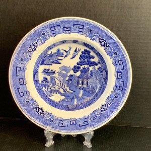 Vintage Johnson Brothers Willow Blue Rimmed Soup Bowl, Made in England, Earthenware, Blue and White China Pattern Old Willow Design, MCM