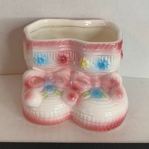 Vintage Rubens Original Japan Ceramic Pink Baby Booties Planter, #3405, Vintage Nursery Decor, Baby Shower, Baby Shoes with Pink Bows, MCM