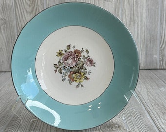 Vintage Cunningham & Pickett Danube Coupe Soup Bowl, Aqua Rim, Floral Center, Mid Century, Danube Replacement, Country Ranch Farmhouse