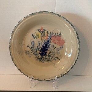 Vintage Yesteryears We Are Blessed Marshall Pottery 8" Signed Round Trinket Candy Key Dish, Bluebonnets Sponge Rim, Ranch Farmhouse Cottage