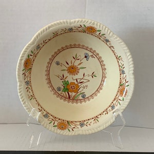Vintage Woods Burslem Springdale Vegetable Serving Bowl, Brown with Blue & Orange Floral, Green Leaves, England, Ironstone Transferware, MCM