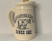 Santa Ana CA Crock Shop quot Schaffner Dairy Since 1921 quot Speckled Stoneware Pitcher Vase 6 1 2 High 3 Wide, Farmhouse, Made in USA