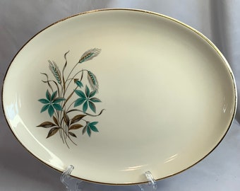 Vintage Georgian China Oval Serving Platter, Canadian Wheat, Retro Turquoise and Brown Wheat and Flower, 1960's Collectable China, Farmhouse