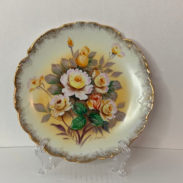 Vintage Ucagco Ceramics Japan Hand Painted Yellow and Orange Roses Collector Plate Signed by Artist Gold Trimmed