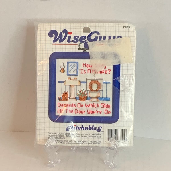 Vintage Dimensions Wise Guys Stitchables #7705 "How Long is a Minute?", Counted Cross Stitch, NIP, 1988, Mid Century, Humorous Wall Art, USA