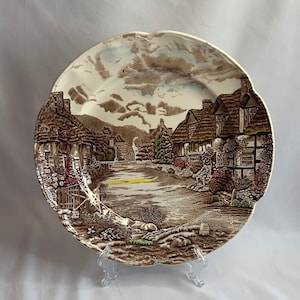 Vintage Johnson Brothers Olde English Countryside 12&quot; Round Platter Chop Plate, Brown Multicolor, Country Scenes, No Trim, England, MCM