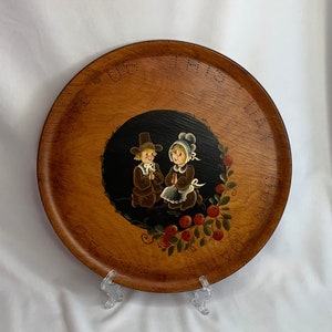 Vintage 1982 Hand Painted Praying Girl & Boy Pilgrims Round Wooden Tray &quot;Give Us This Day Our Daily Bread&quot; Stamped Fall Holiday Decor MCM