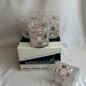 Vintage Culver Servemates Double Old Fashioned Drinking 14 oz Glasses Set of 4 Xmas Carole 421 Christmas Potpourri Pattern Retro Holiday Bar