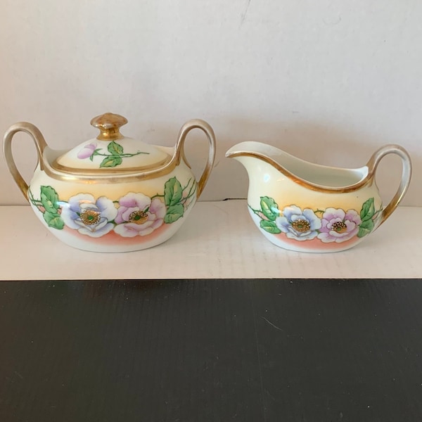 Vintage Royal Munich Z.S.& Co. Bavaria Hand Painted Signed Lidded Sugar and Creamer, Pastel Pink and Blue Dogwood, Gold Trim