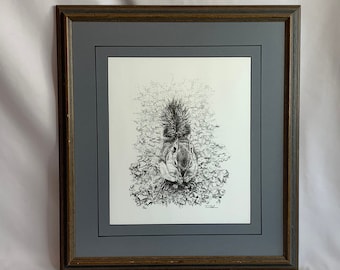 Vintage Pointillism Squirrel Framed Matted Wall Art 33/1000 Numbered Squirrel Drawing Wall Art Woodland Animal Squirrel Art Lakehouse Lodge