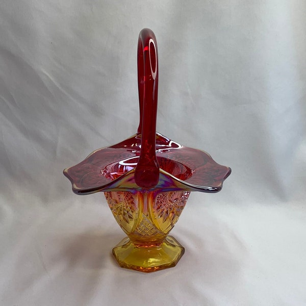 Vintage Indiana Amberina Carnival Glass Starburst Footed Handled Basket Iridescent Sunset Heirloom Red Carnival Glass Shell Accent MCM