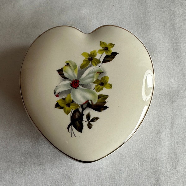 Vintage Lord Nelson Pottery Heart Shaped Trinket Box Dogwood Blossom Lidded Gilt Edged Pot Dish, Gift for Her, England, Key Holder, Cottage