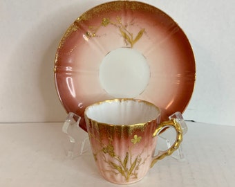 Vintage Porcelain Petite Elite S M Tea Cup & Saucer Set Limoges France Salmon Ombre Design Gift for Her, Country Cottage, French Tea Cup Set