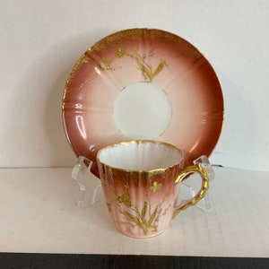Vintage Porcelain Petite Elite S M Tea Cup & Saucer Set Limoges France Salmon Ombre Design Gift for Her, Country Cottage, French Tea Cup Set
