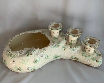 Candelabros en forma de flor escalonada en forma de riñón vintage y tazón de maceta para maceta, esponja de acento blanco verde dorado, consola de decoración artística, MCM