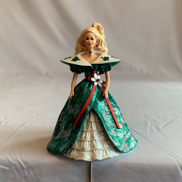 Vintage 1996 Hallmark Holiday Barbie Christmas Stocking Hanger Wearing Holly Green Ball Gown, Collectable Barbie, Retro Barbie Holiday Decor
