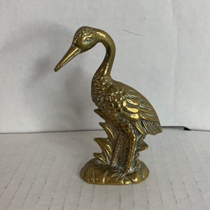 Vintage Leonard Solid Brass Crane Stork Egret Bird Figurine Paperweight, Collectable Brass Bird Figure, Office Decor Lakehouse Cabin Coastal
