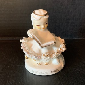Vintage Lefton Thursday&#39;s Angel Figurine, Angel Holding Book of Knowledge, Thursday&#39;s Birthday Angel, Spaghetti Dress Ruffle, Angel and Cat