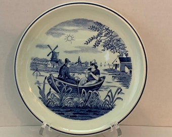 Vintage Delfts Blue & White Plate Made for Royal Sphinx Holland By Boch Belgium, Romantic Dutch Rowboat, Windmill, Holland Landscape