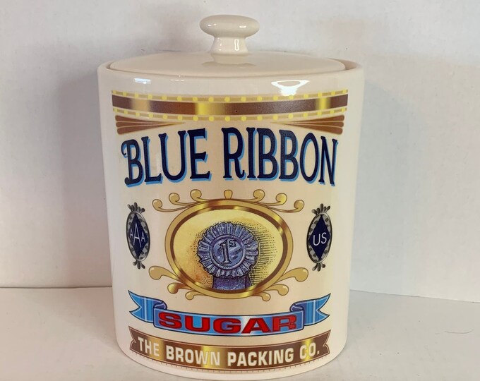 Vintage Roshco Corner Grocery Blue Ribbon Sugar Jar, the Brown Packing