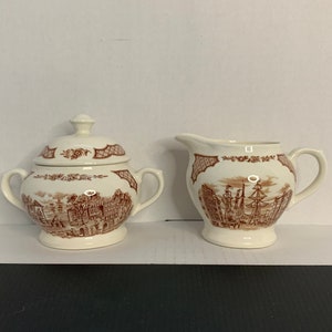 Vintage Alfred Meakin Fair Winds Lidded Sugar Bowl and Creamer Set, The Boat is Waiting AND USS Delaware at New York, Staffordshire, England