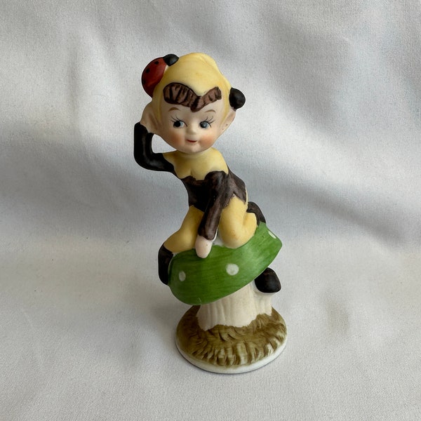 Vintage Price Products Pixie Elf Fairy and Ladybug Sitting on a Green Polka Dot Mushroom, Mid Century, Elf on Mushroom, Ladybug on Hat
