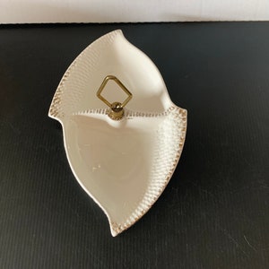 Vintage White & Gold California USA Pottery No. 824 Divided Tidbit Relish Dish, Two Section Candy Nut Dish with Handle, Mid Century Modern,
