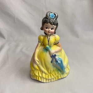 Vintage Ceramic Brunette Girl Figurine Wearing Yellow Ruffled Bottom Ballgown Holding Blue Parasol Umbrella, Victorian Cottage, Collectable