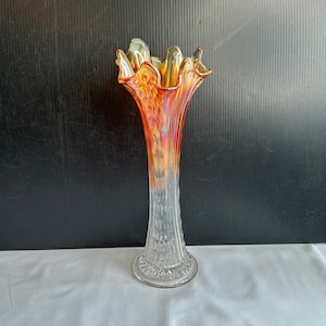 Vintage Fenton Art Glass Ribbed Swung Vase, Iridescent Carnival Marigold Fading to Clear, Diamond Point Collectable Vase, Orange Ruffled Rim