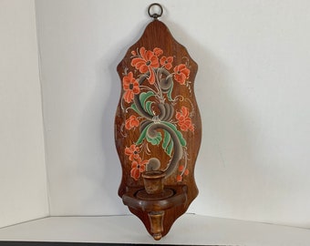 Vintage Wooden Rosemaling Floral Candlestick Wall Plaque, Coral Orange Floral Wall Decor, Retro Wooden Wall Candlestick Holder, Mid Century