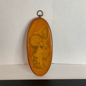Vintage Decoupaged Wooden Wall Plaque Little Girl with Her Kittens, Oval Wooden Wall Art, Retro Nursery Decor, 1970&#39;s Retro Wall Art, MCM