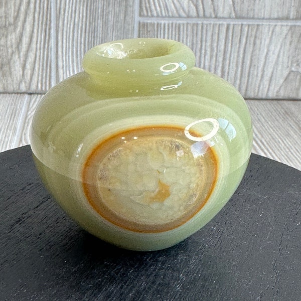 Vintage Onyx Small Round Vase, Cream Orange Ivory, Small Space Vase, Gift for Her, Collectable Natural Marble Vase