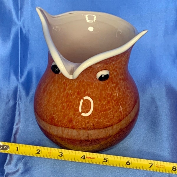 Art Glass Owl Vase Planter White Orange Brown 6"