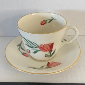 May include: A white teacup and saucer with a gold rim. The cup and saucer are decorated with a floral pattern of pink flowers and green leaves.