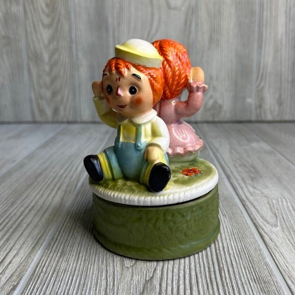 Vintage Price Import Baby Raggedy Ann & Andy Porcelain Hand Painted Figurines Music Box/Wind Up This Old Man Nursery Rhyme, Original Sticker