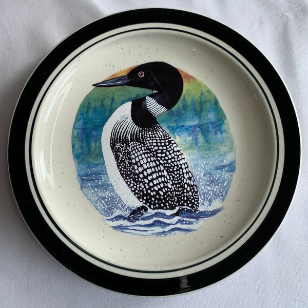 Loon Lake by Scotty Z Folkcraft Stoneware Salad Dessert Plate, Multimotif Water Fowl, Lakehouse Cabin Decor, Bird Collector, Hunting Lodge