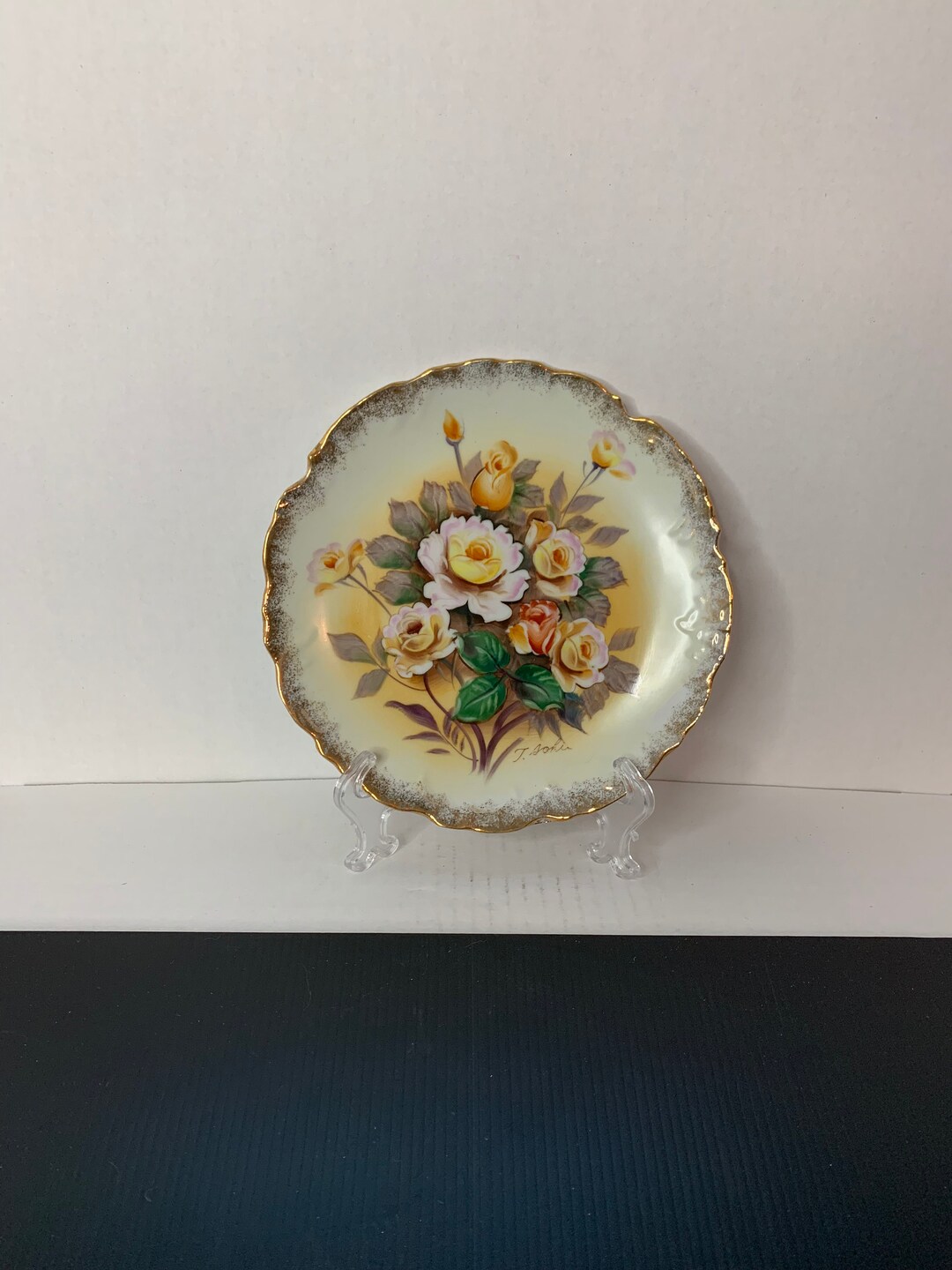 Vintage Ucagco Ceramics Japan Hand Painted Yellow and Orange Roses Collector Plate Signed by