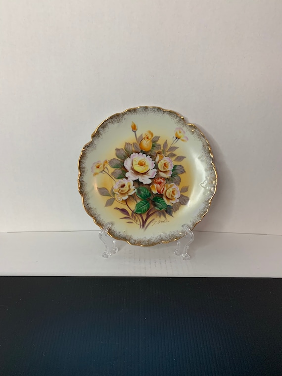 アンティーク　プレート　手描き　金彩　 薔薇　オーストリア Vintage Ucagco Ceramics Japan Hand Painted Yellow and Orange Roses